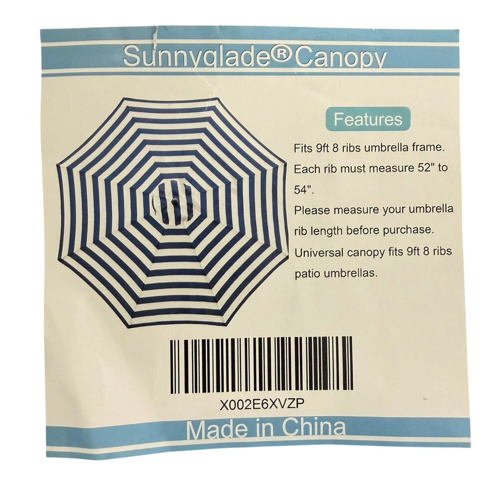 Sunnyglade Canopy NEW blue white stripes, fits 9 ft 8 ribs umbrella frame